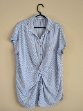 Medium Zara Blue White Striped Dress Twist Front Short Sleeve